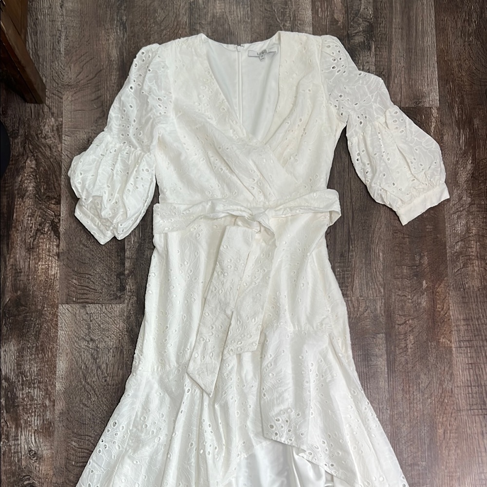 Badgley Mischka White Puff Sleeve High-Low Eyelet Dress - W 14